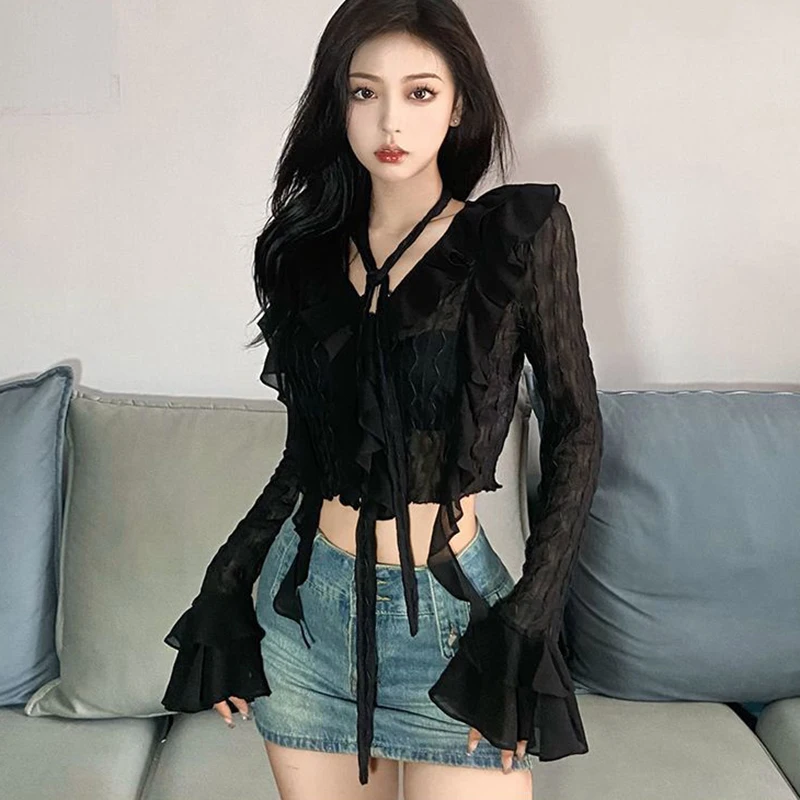 Zoki Dark Academic Mesh Y2k Blouse Women Sexy Cropped V Neck Ruffles Shirt Harajuku Vintage Long Sleeve Slim See Through Tops