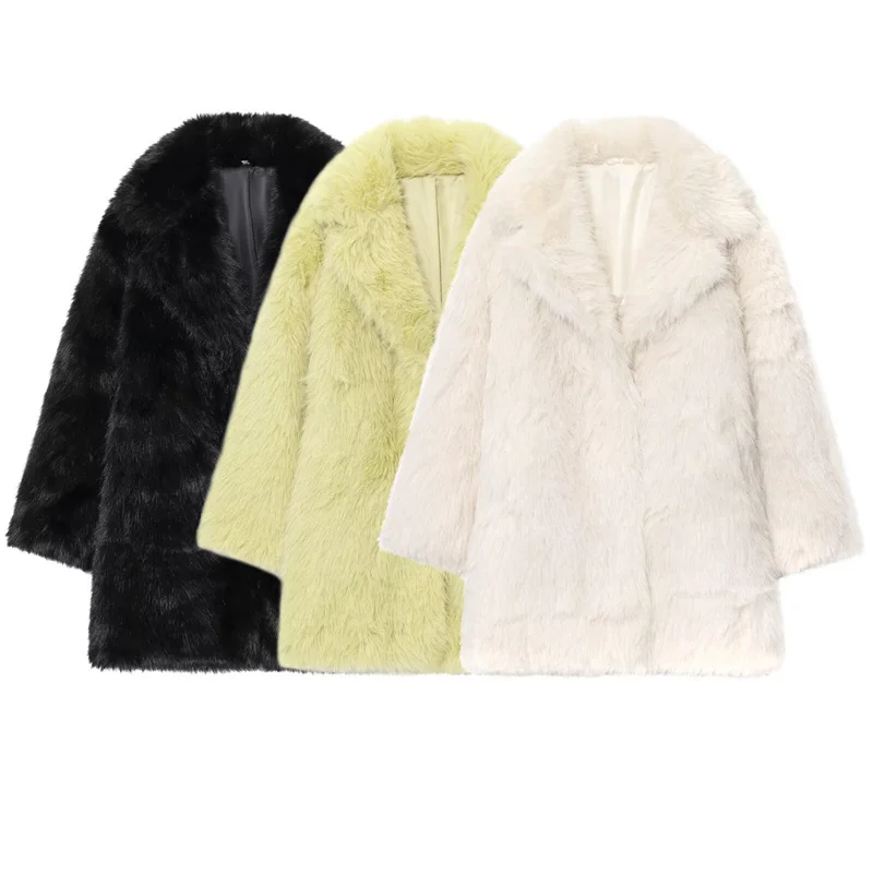 Guobioziy Women's Coat 2026 Winter New Fashion European and American Style Large Lapel Loose Warm Faux Fur Effect Overcoat