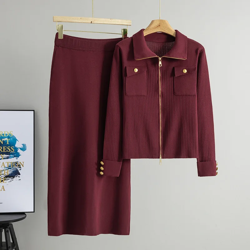 Women Dress Sets Polo Collar Solid Matching Sets Knitted Sweater Casual Basics Sheath Sexy Wrap Buttocks Two Pieces Spring image 3