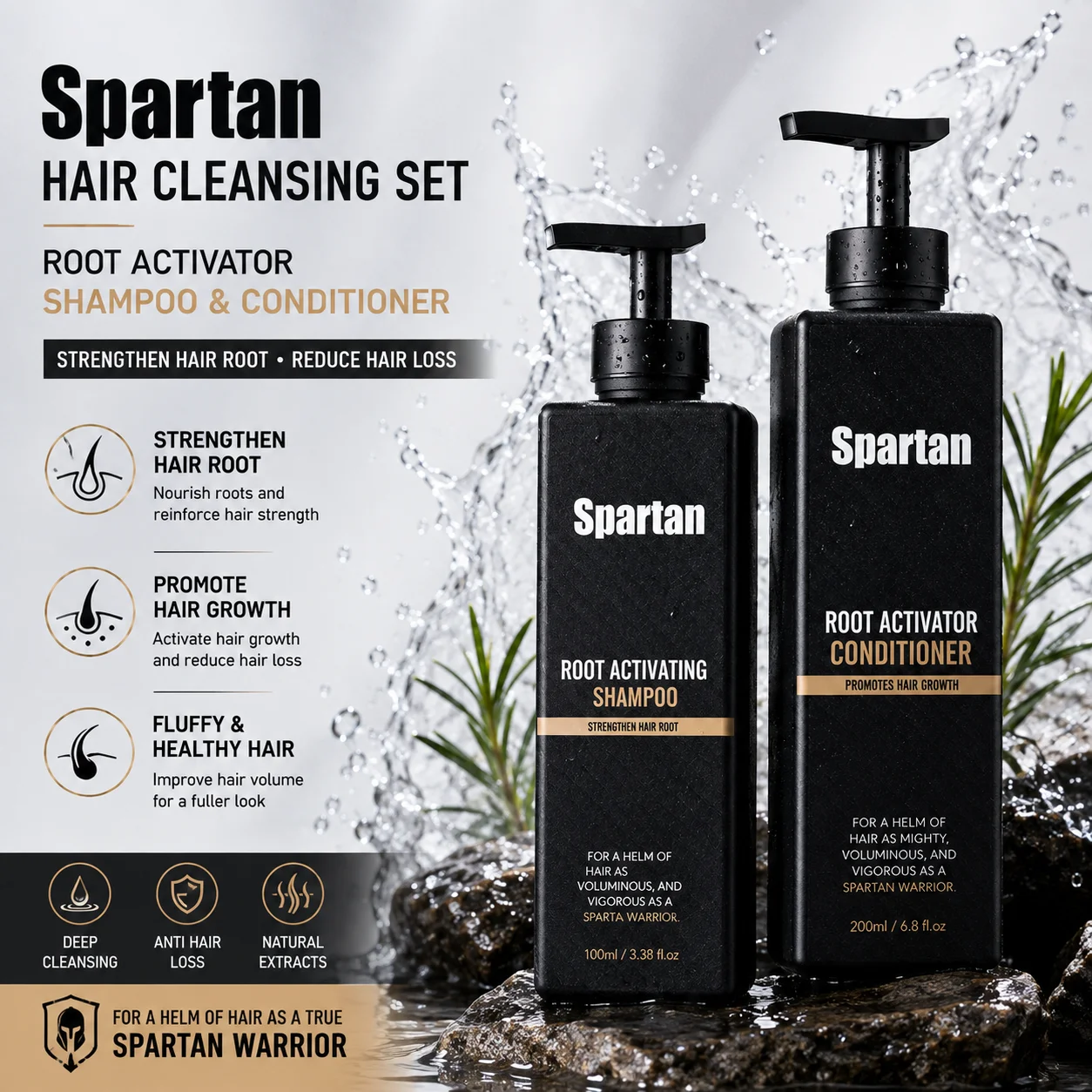 Spartan Root Activator Shampoo 100ml (Strengthen Hair Root) & Conditioner 200ml (Promotes Hair Growth), Anti Hair Loss Hair Care