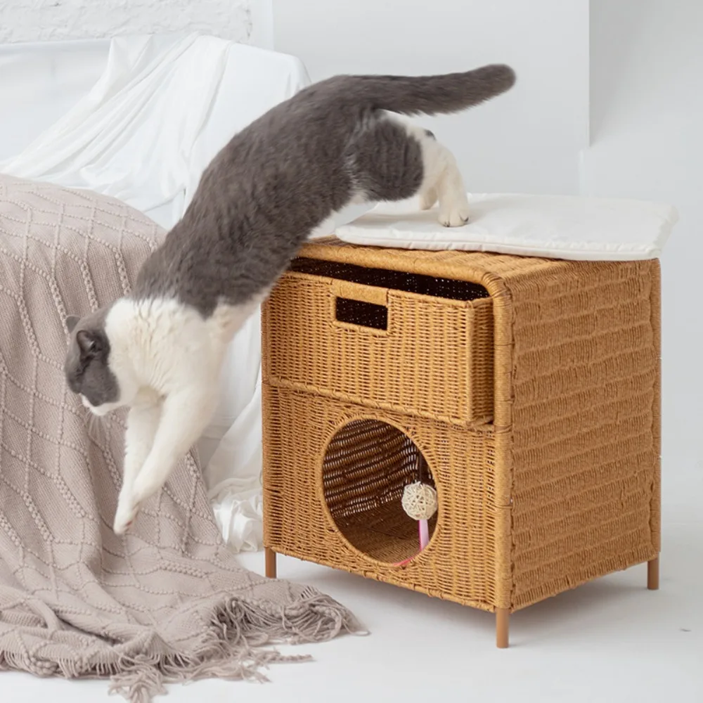 Design of bedside table for semi-closed double-decker cat house in four seasons in summer; rattan cat house in semi-closed house