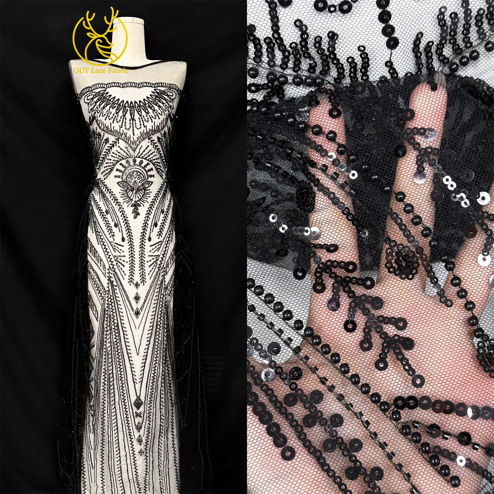 アフリカビーズレース生地 2025 高品質フレンチナイジェリアスパンコール刺繍レース生地ブライダルウェディングドレス縫製