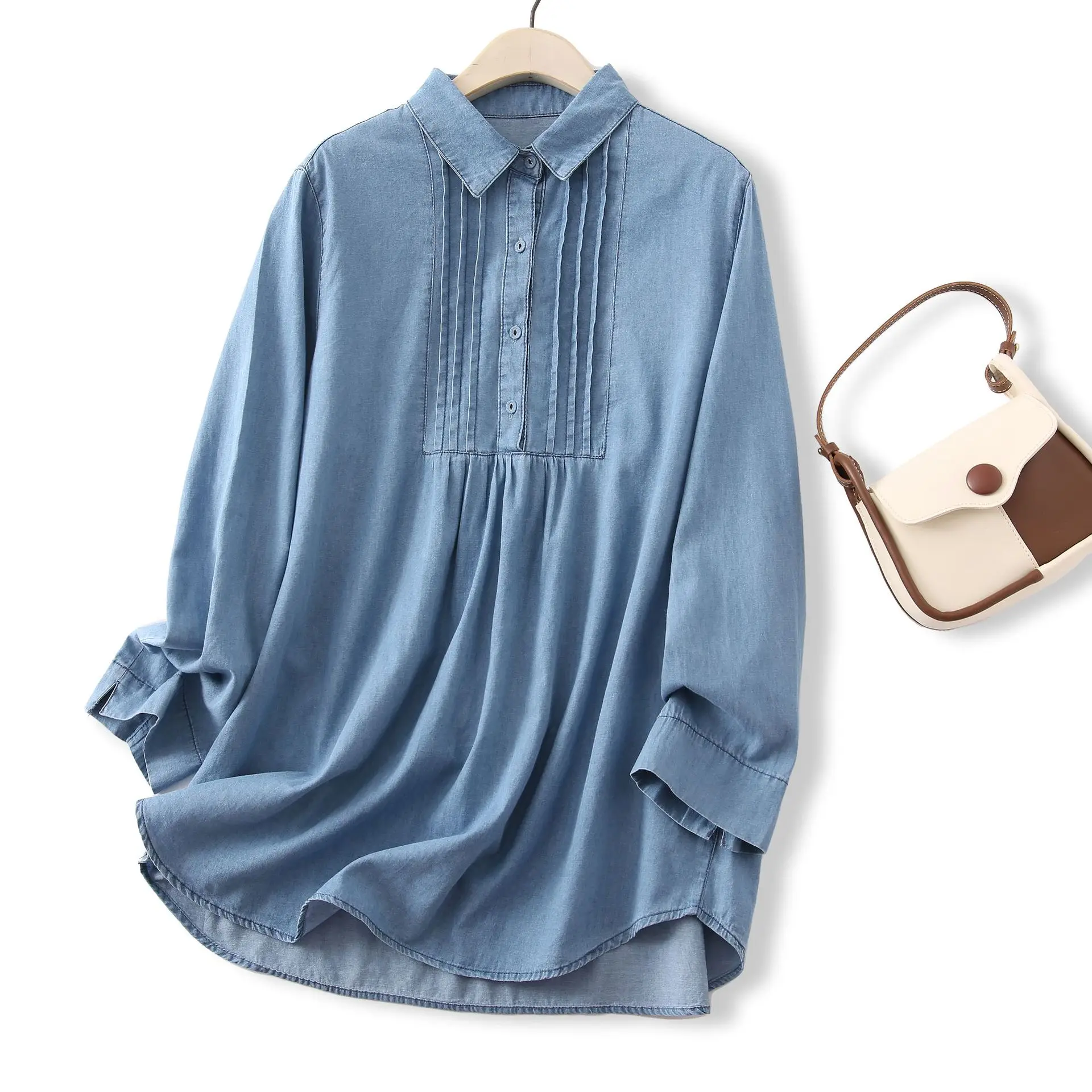 New 2025 Autumn Long Sleeve Denim Shirt, Women Turn-down Collar Folds, Mori Girl French Retro Versatile Loose Blouse T59949CC