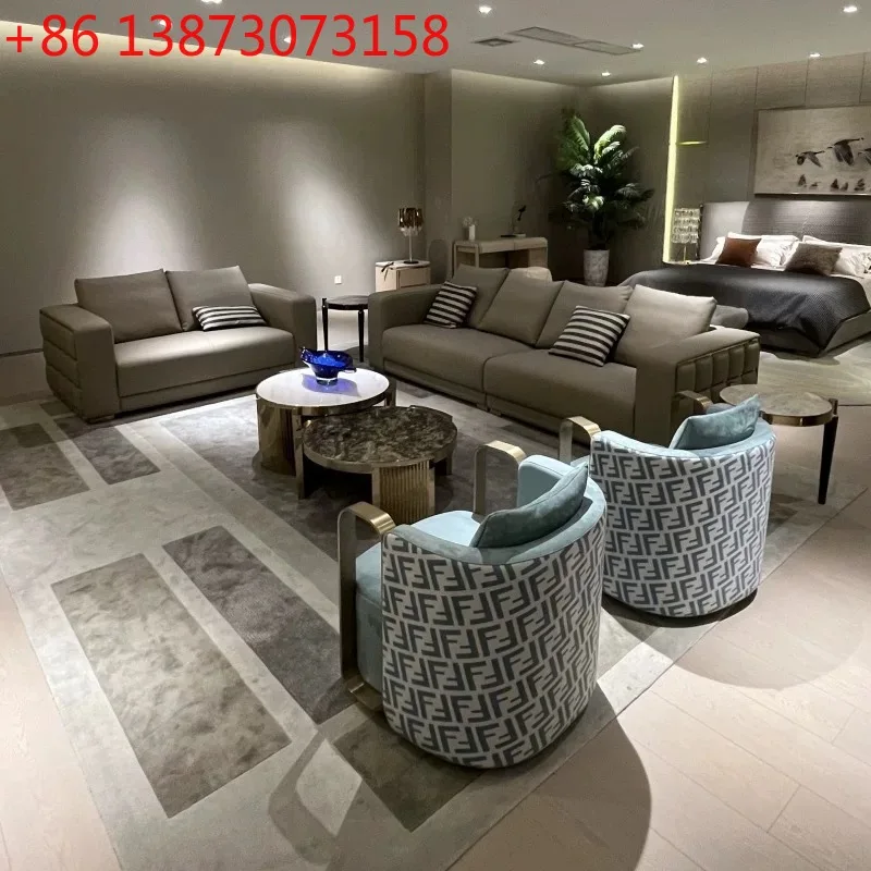

Italian light luxury leather sofa large apartment villa living room cloth leather multi-person combination Italian designer