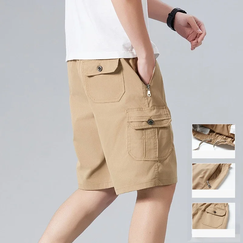 

Summer Casual Cotton Shorts Men Zipper Pocket Workwear Fashion Loose Straight Cargo Shorts Comfortable Beach Running Short Pants