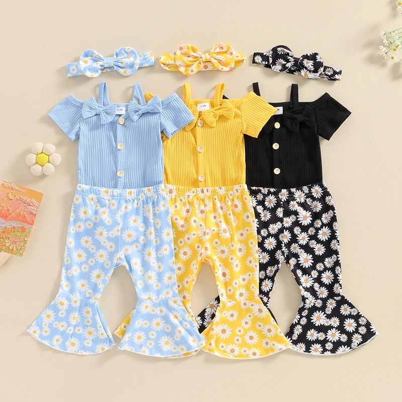 

0-18M Lovely Summer Newborn Baby Girls Clothing Sets Ribbed Bowknot Off Shoulder Button Bodysuits+Flare Pants+Headband Outfits