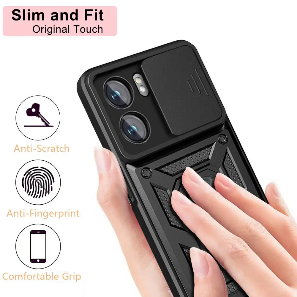 For Oppo A57 A57s A77 A57e / Oneplus Nord N300 Shockproof Case Ring Stand Hybrid Armor Holder+Camera Lens Cover+Tempered Glass