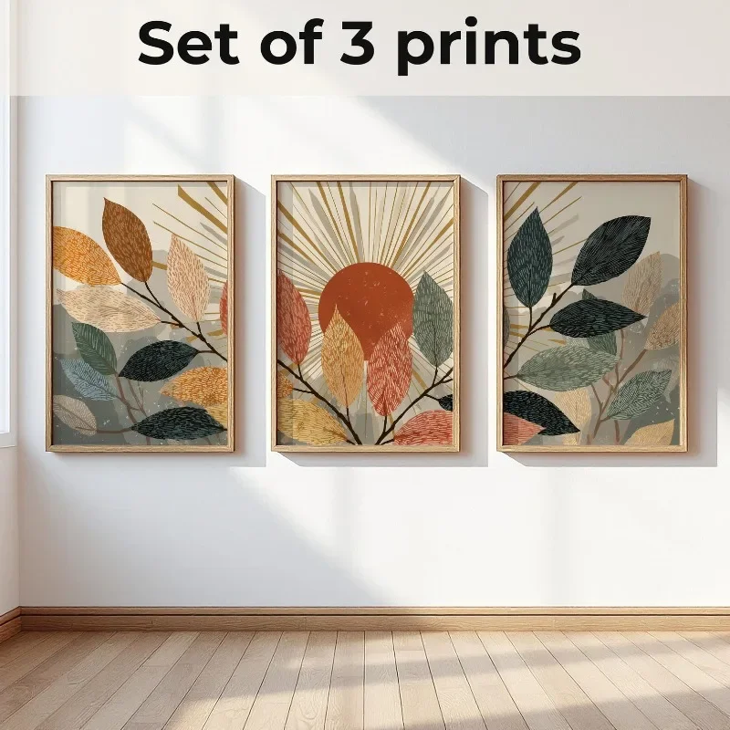 Large-sized frameless  3PCS Bohemian Minimalist Wall Art, Plant Wall Decoration, Canvas Printed Poster, Suitable for Roo