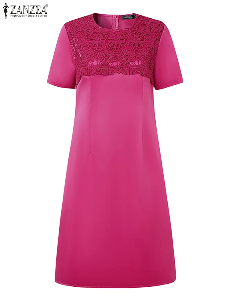 ZANZEA Damskie Sukienki Jednolite Kolorystycznie Krótki Rękaw Elegancki Dekolt O-Neck Satynowe Vestidos Do Pracy Koronkowe Wstawki 2025 Letnie Sukienki Do Kolan
