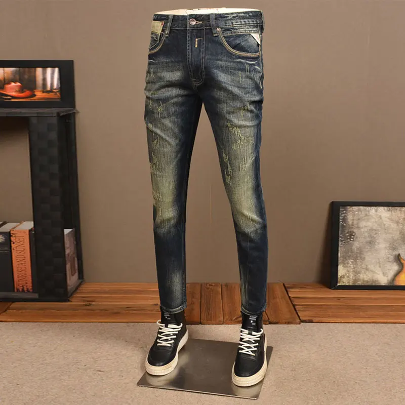 Newly Designer Men Jeans High Quality Retro Washed Blue Stretch Slim Fit Ripped Jeans Men Trousers Vintage Denim Pants Hombre