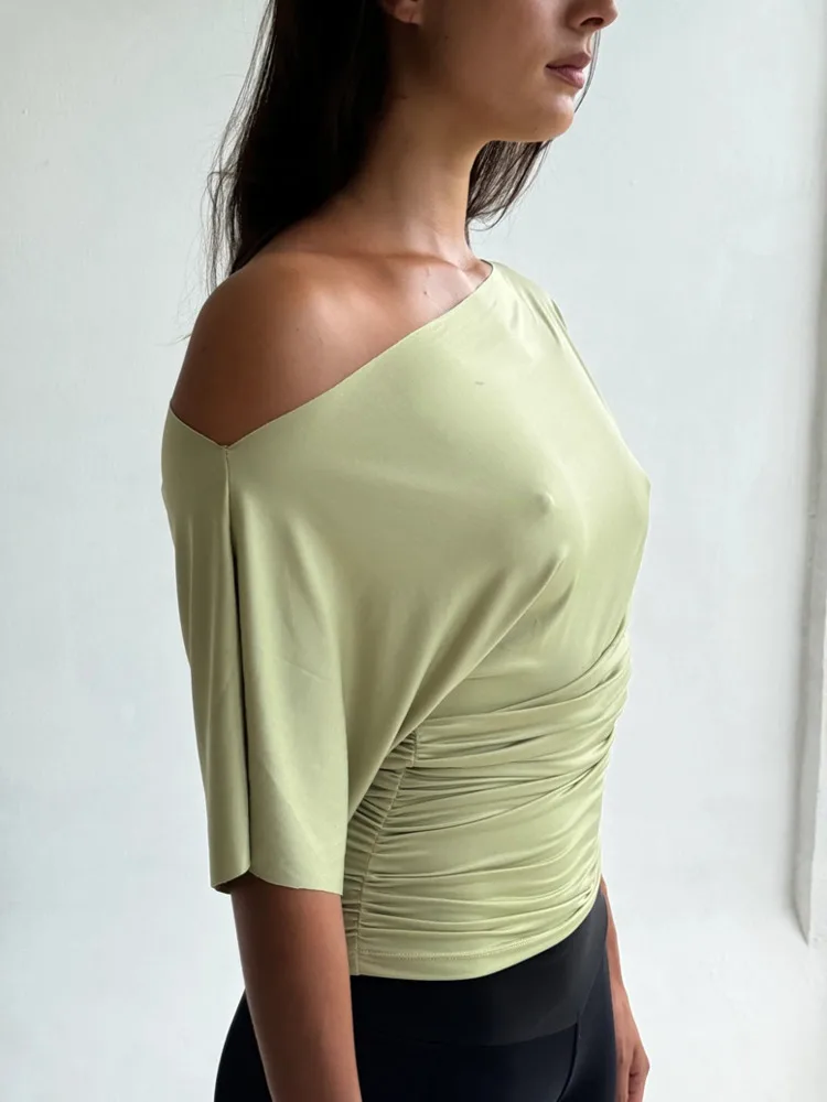 Blifanbo Oblique Shoulder Sexy T-shirt Tops For Women Short Sleeve Fashion Slim Fit Solid Pleated Summer Female T-shirt Tops image 3