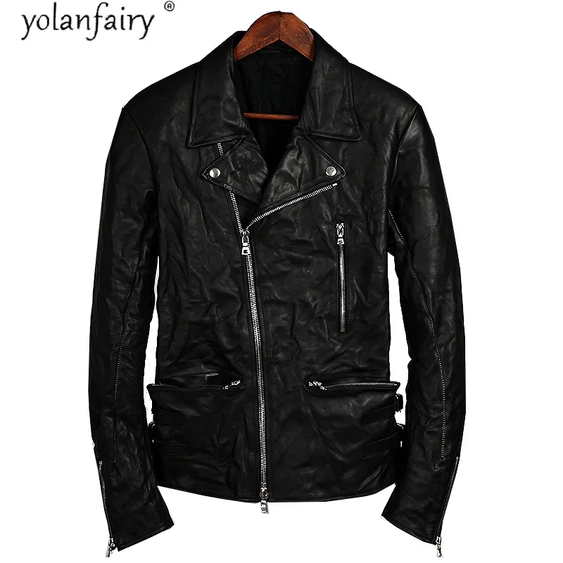 

YOLANFAIRY Men's Genuine Leather Jacket Men Clothing Spring Autumn Vintage Cowhide Leather Coat Motorcycle Jacket Men Hommes