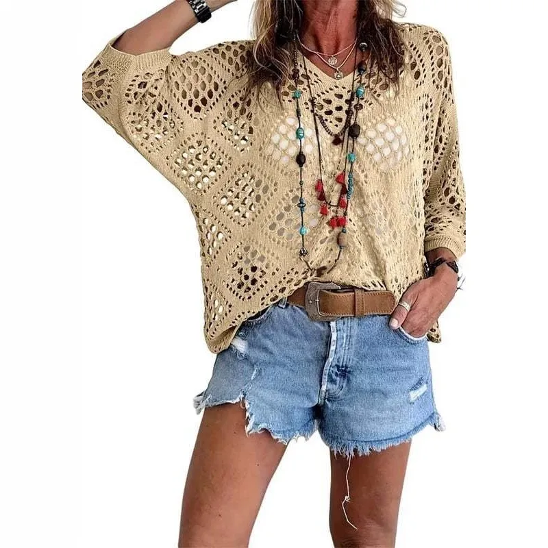 2026 Women Sweater Top Spring Summer Fashion V-neck Rhombus Hollow Bat Sleeves Loose Sweater Blouse Knitted Women's Clothing