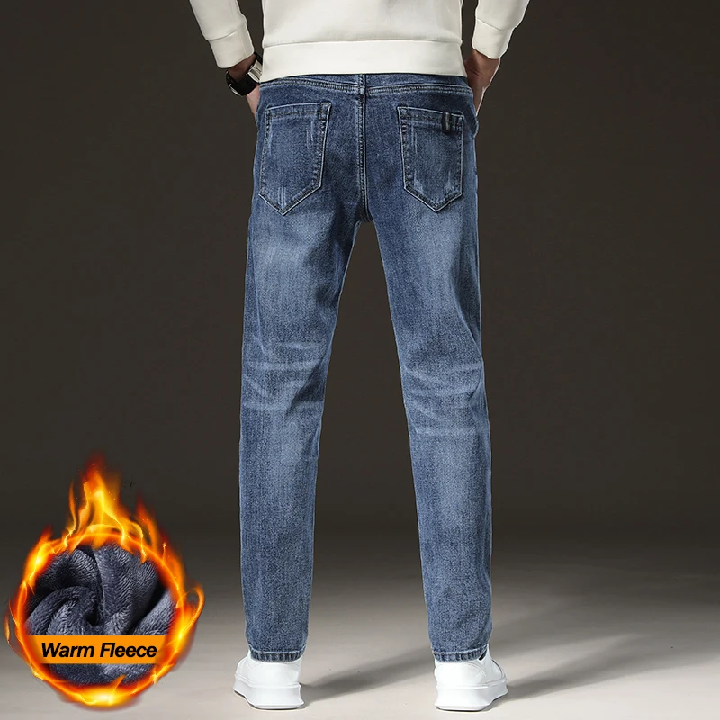 الشتاء الدافئ الجينز الرجال الصوف الضوء الأزرق سليم مستقيم الدينيم السراويل عالية الجودة رشاقته المخملية مرونة الراحة بناطيل كاجوال #4