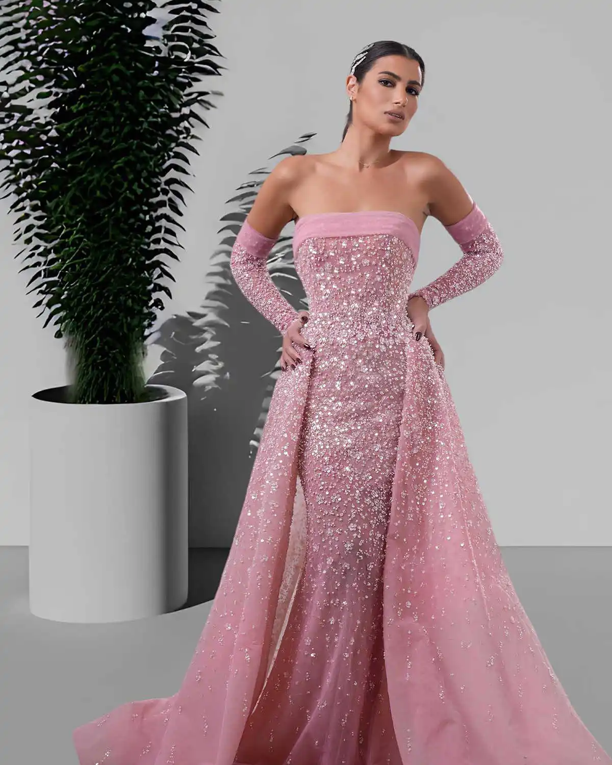 Classic Evening Dresses For Women Strapless Removable Sleeves Gowns Sequins Detachable Train Dress For Prom Party Custom Made