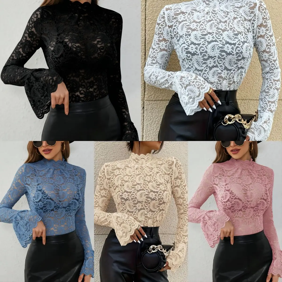 

2025 New Sexy Tops Cashew Flower Lace Slim Fit and Slimming Flared Sleeves Top
