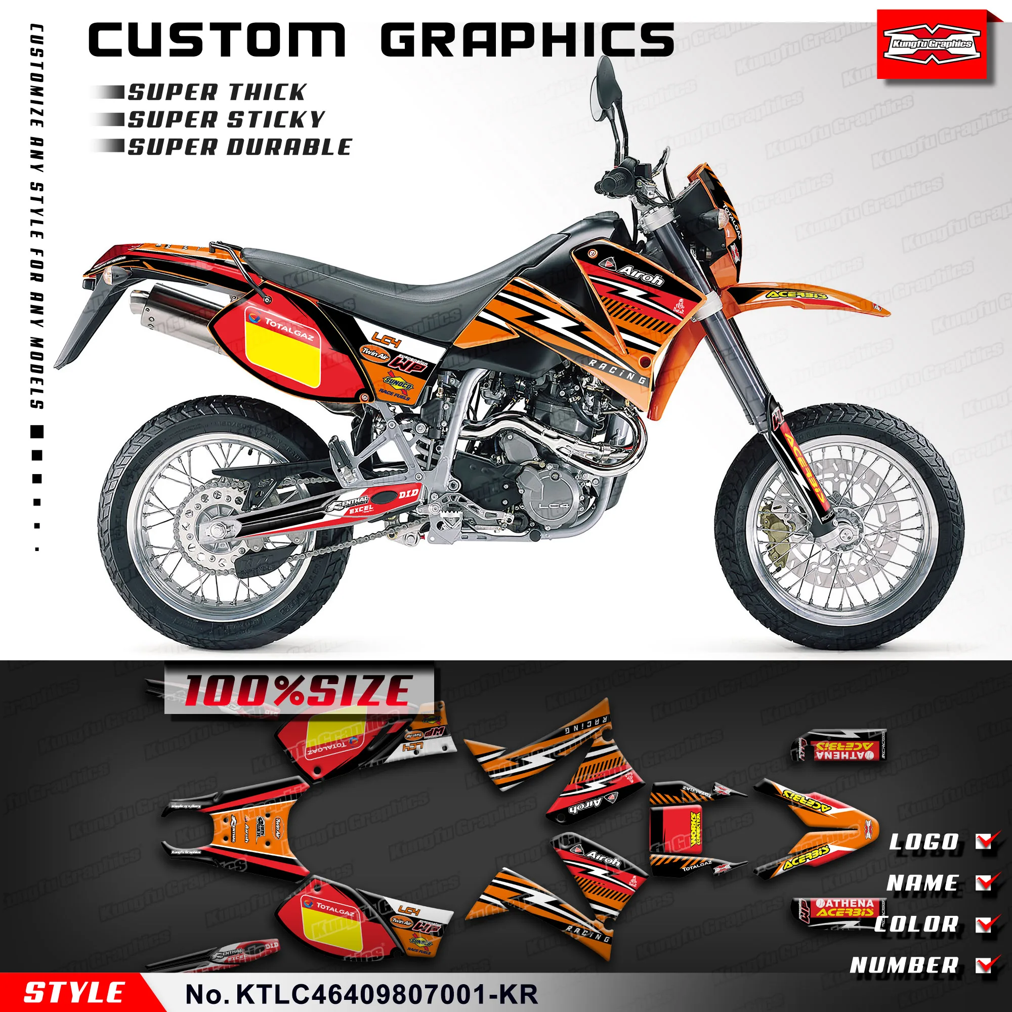 

KUNGFU GRAPHICS Motorbike Decal Full Wraps for KTM LC4 640 1998 1999 2000 2001 2002 2003 2004 2005 2006 2007, KTLC46409807001-KR