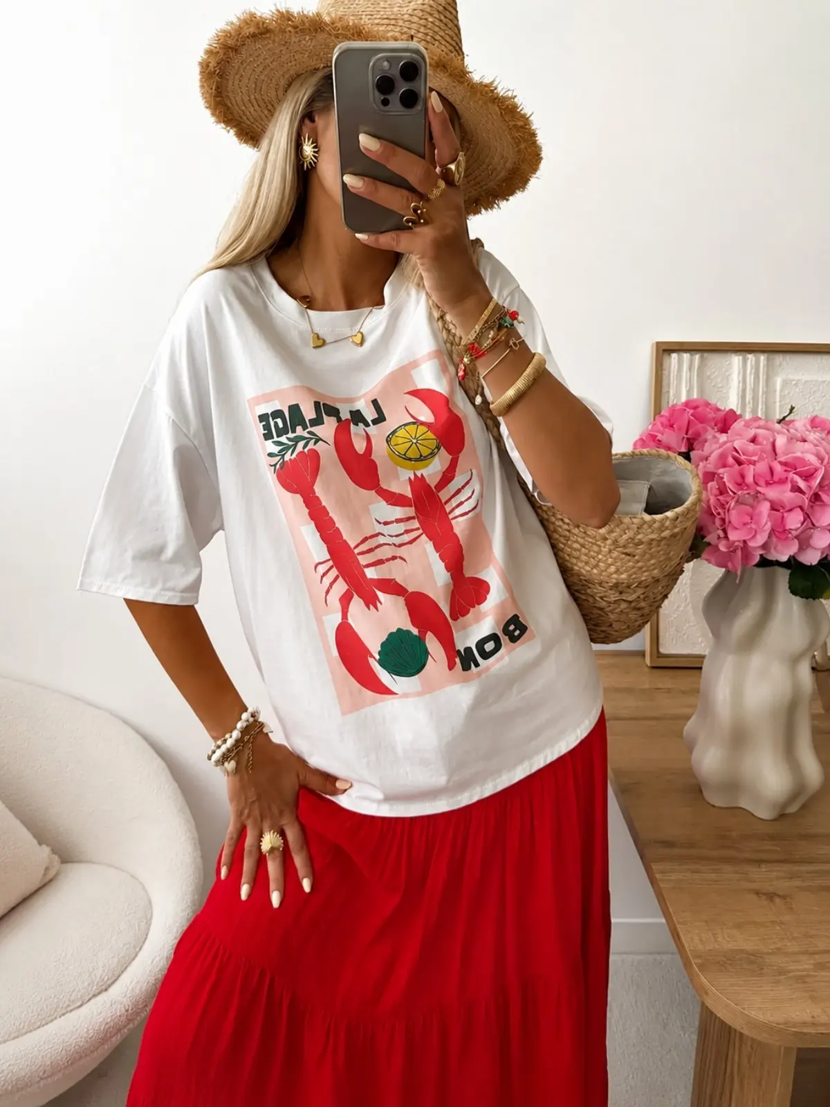 Sweet Cute French Holiday Lobster Graphic Cotton T Shirt Women Pink Block Crew Neck Short Sleeve Loose Summer Beach Casual Tee
