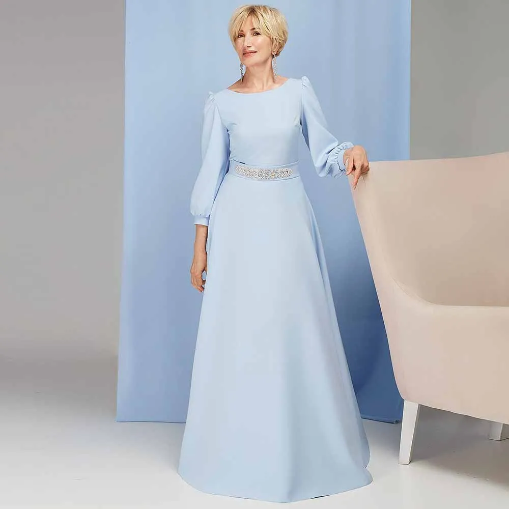 

Classy 2025 Bride Gowns for Women Jersey A-line Formal Evening Dress Sky Blue O-Neck Beads Belt Pleat Groom's Mother Dress Long