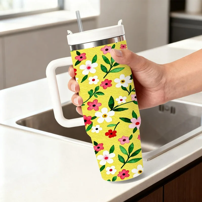 1pc Vibrant Floral Digital Print 40Oz Stainless Steel Insulated Tumbler, Bright Yellow Background with Colorful Flower Patterns, Durable Drink Container for Daily Hydration, Outdoor Trips And Office Use