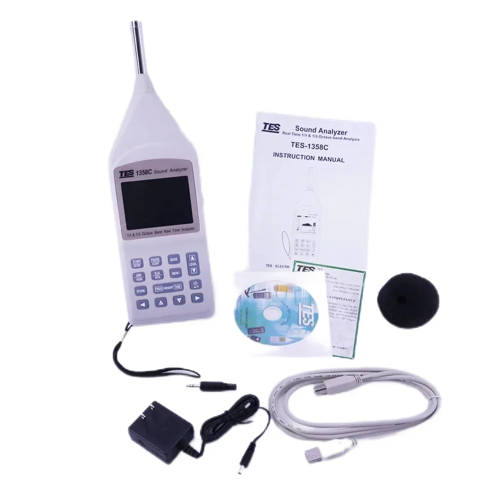 2026 TES-1358C Digital Sound Analyzer IEC 61672-1 Class 2 Sound Level Meter 30 to 130dB Noise Tester 25Hz to 10KHz