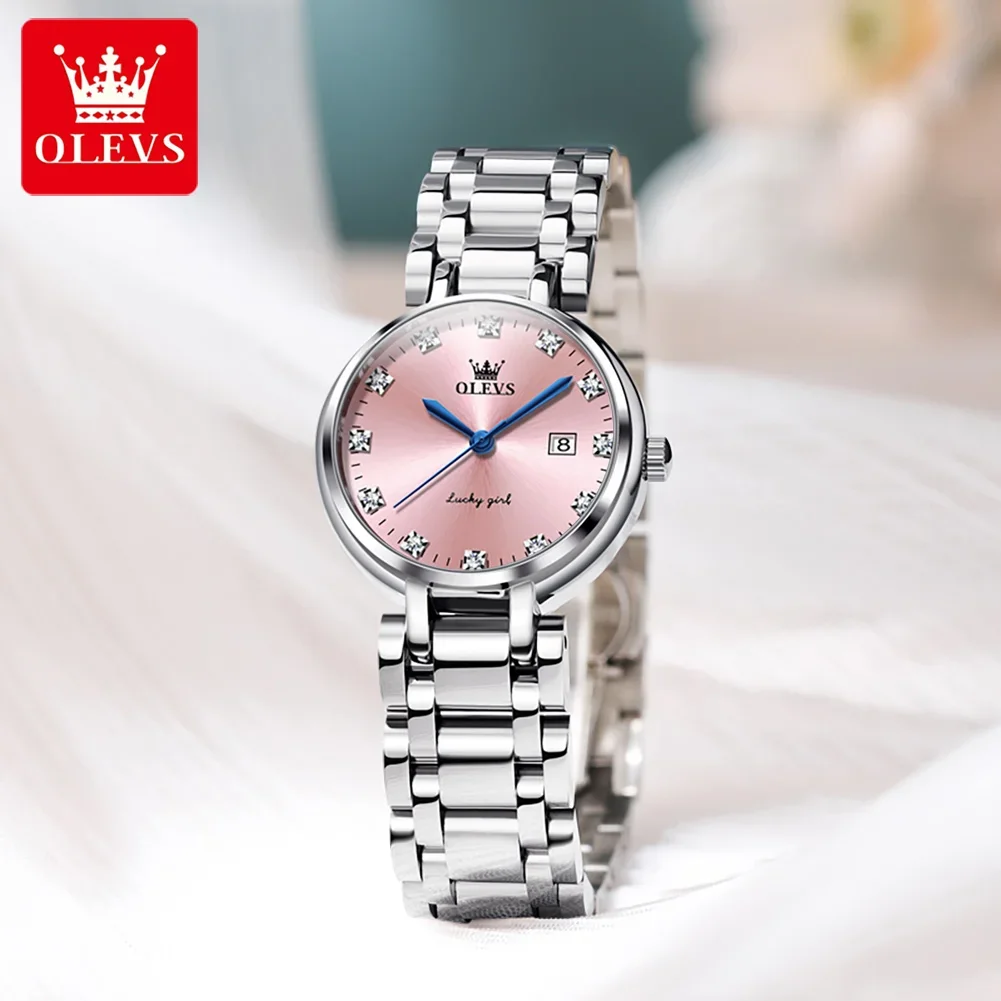 OLEVS 5575 Luxury Brand Silver Stainless Steel Women Watches Rhinestone Dial Calendar Waterproof Fashion Woman Quartz Wristwatch