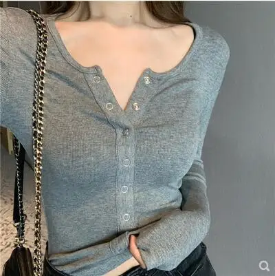 

Women's Long-sleeved T-shirt Pullover Carefully V-neck Blouse Homewear Ms. Thin and Versatile High-waisted Short Bottoming Shirt