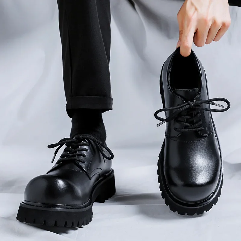

PopFashion Mens Casual Leather Derby Shoes Men's Thick Sole Big Toe Trendy Shoes Men Lace-up Heightened Shoe #1028-R