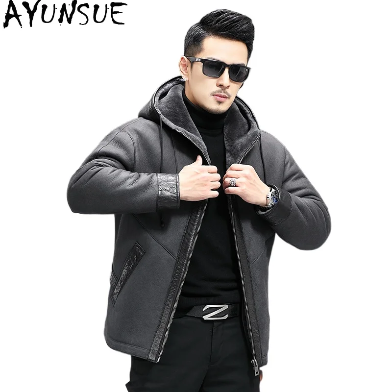 AYUNSUE Luxury 2025 Natural Sheep Fur Coat Man Hooded Winter Genuine Leather Jacket Grey Color Real Fur Coats Jackets Casacos