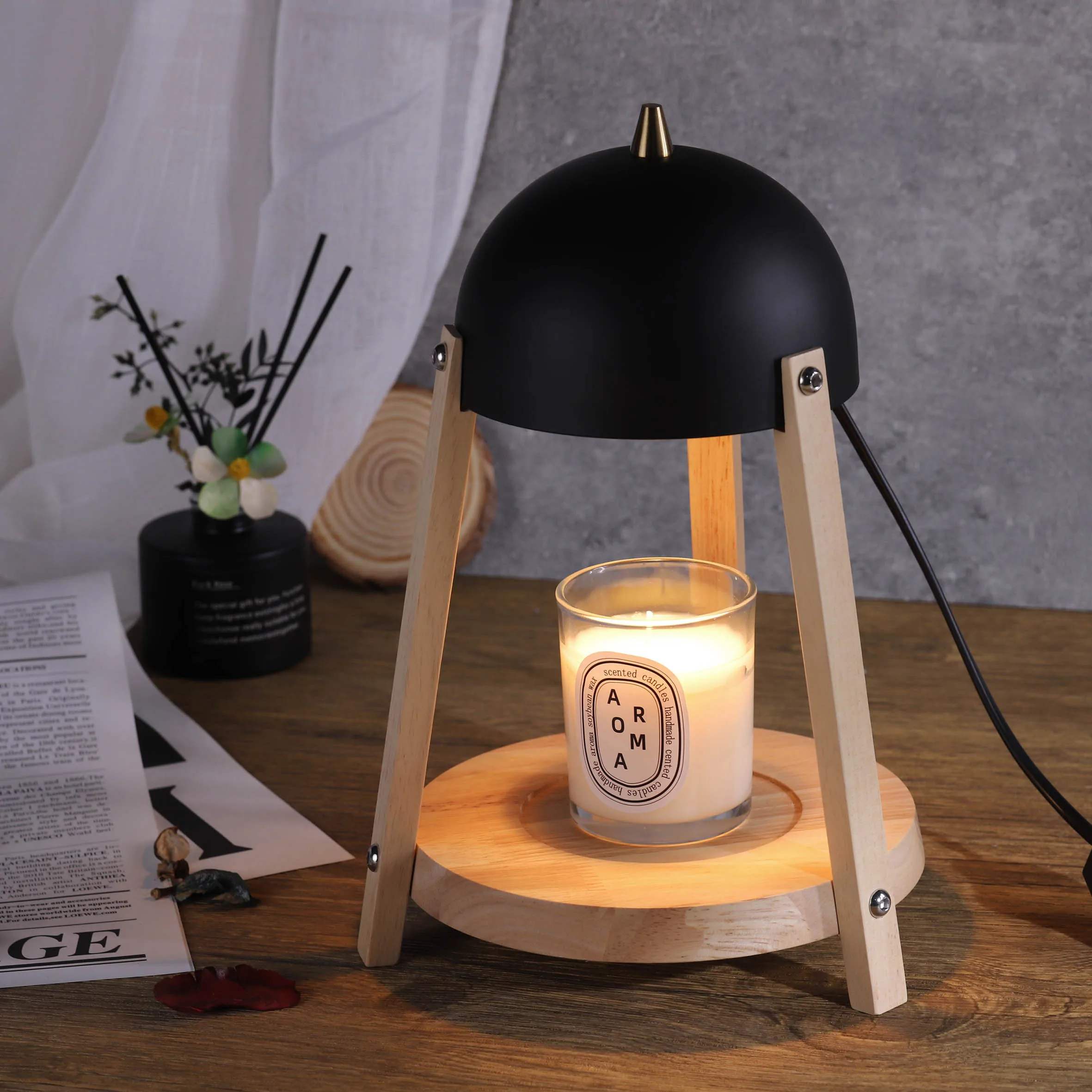 Tripod Electric Nordic Candle Warmer Lantern Simple Natural Wood Aromatherapy Light Unique Home Scented Fragrance Gift Timer