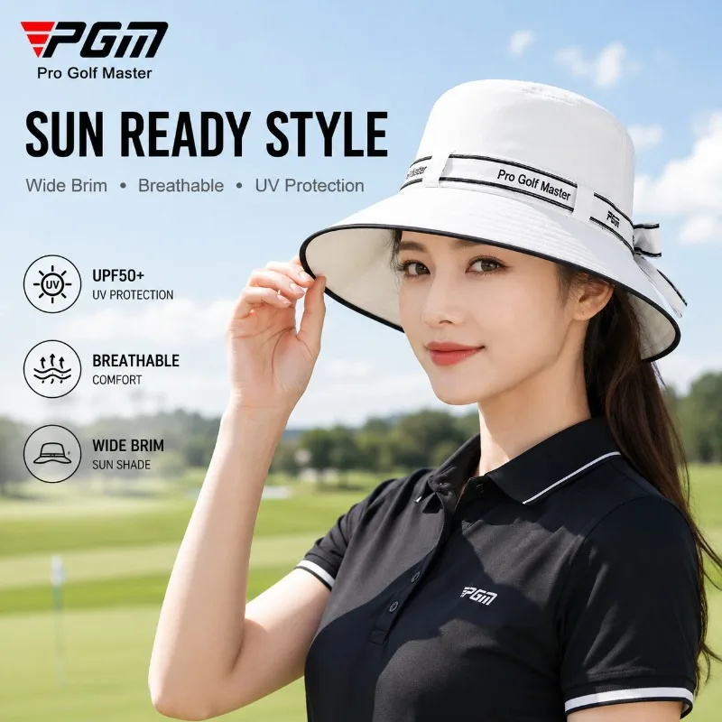 PGM Women Golf Sun Hat UPF50+ UV Protection Wide Brim Bucket Hat Breathable Sweatband Bow Strap Outdoor