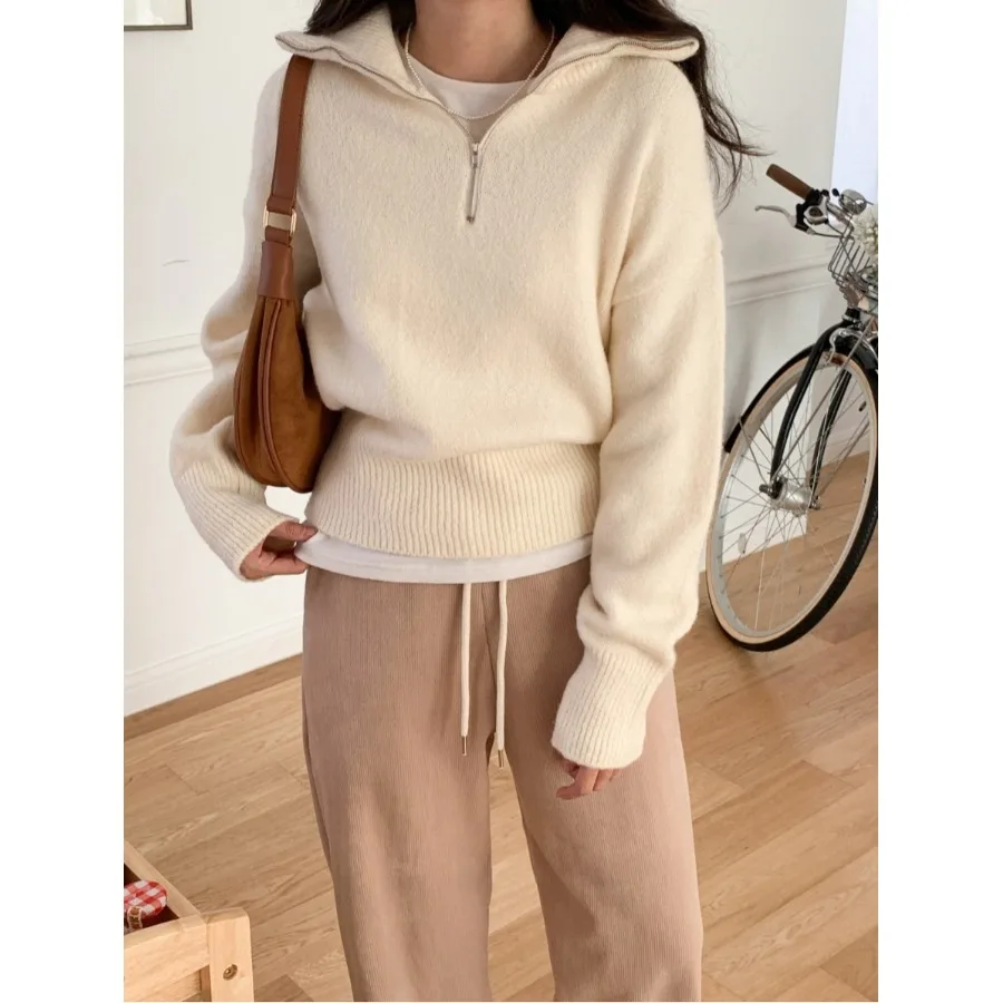 

Шикарный дизайн, однотонный вязаный свитер на молнии, универсальный свободный крой, осень-зима, Новое поступление, женский модный пуловер, топ