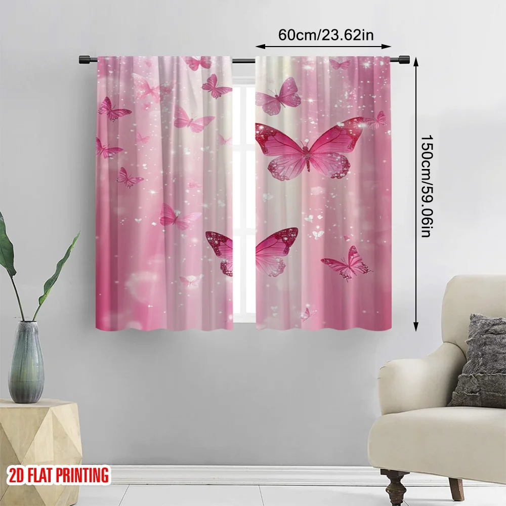 2pcs,2D plane printing Window Curtain Pink Flutterdreams Durable 100% Polyester Fabric (without rod) Outdoor Decorations for
