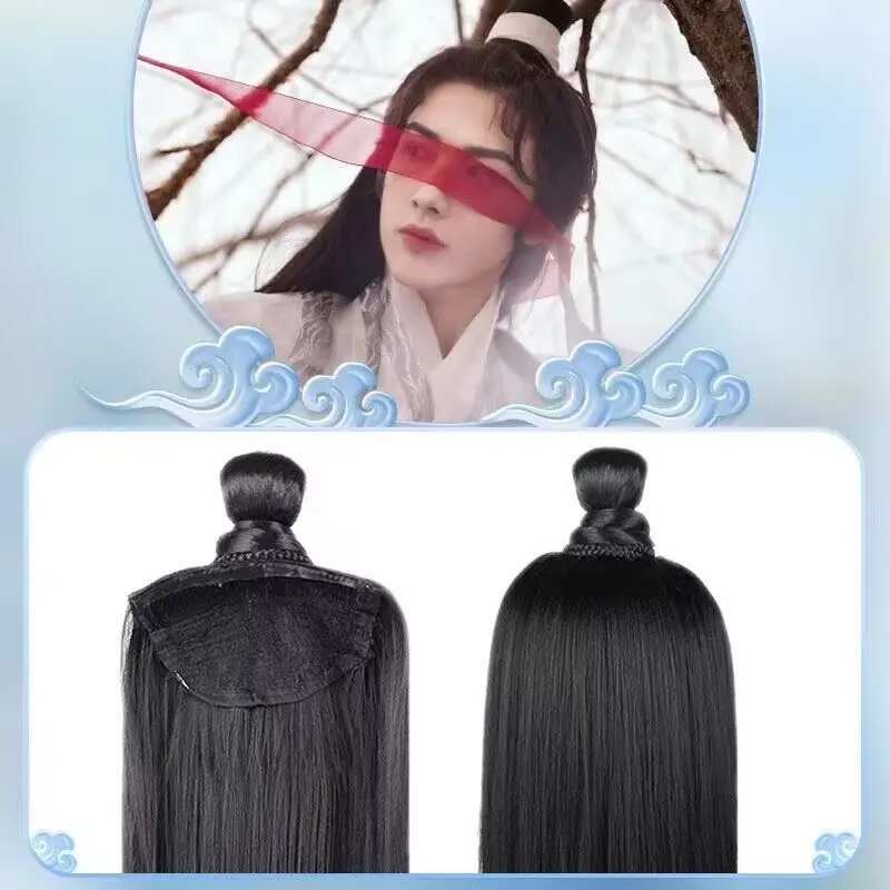 Hanfu Cosplay Wigs Men Black Anime Ancient Chinese Hanfu Wigs Headgear Accessories Hanfu Long Straight Wigs Black Wig Headband