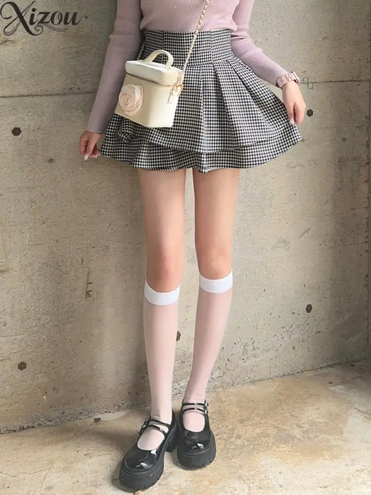Japanese Sweet Houndstooth High-Waisted Mini Skirt Women Ruffle Edge Zipper A-Line Skirts Autumn Summer Spring 2025 Elegant Girl