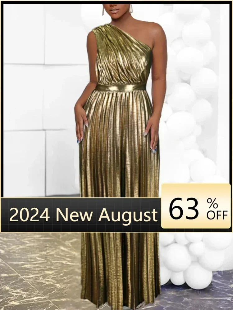 

Elegant Women Even Dresses Luxury Maxi Long Metallic Pleated Dress One Shoulder Sleeveless Premium Shiny Shimmer Gowns Big Size