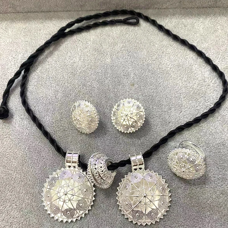Ethiopian Ring Jewelry Sets For Women Gold Plated Earrings Dubai Arab Necklace African Bridal Bracelet Wedding Gift Jewellery