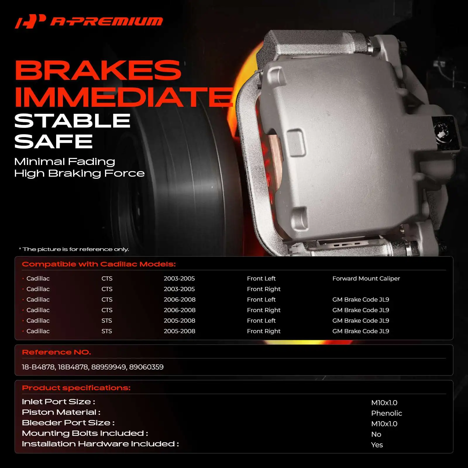 A-Premium Front Left or Right Disc Brake Caliper with Bracket for Cadillac CTS 2003-2008 STS 2005-2008