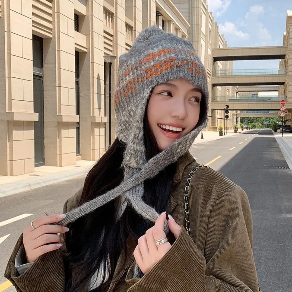 

Повседневные жаккардовые вязаные шапки, плетение Y2k, защитная шапка для ушей, морозостойкая женская шерстяная шапка в этническом стиле, повседневная
