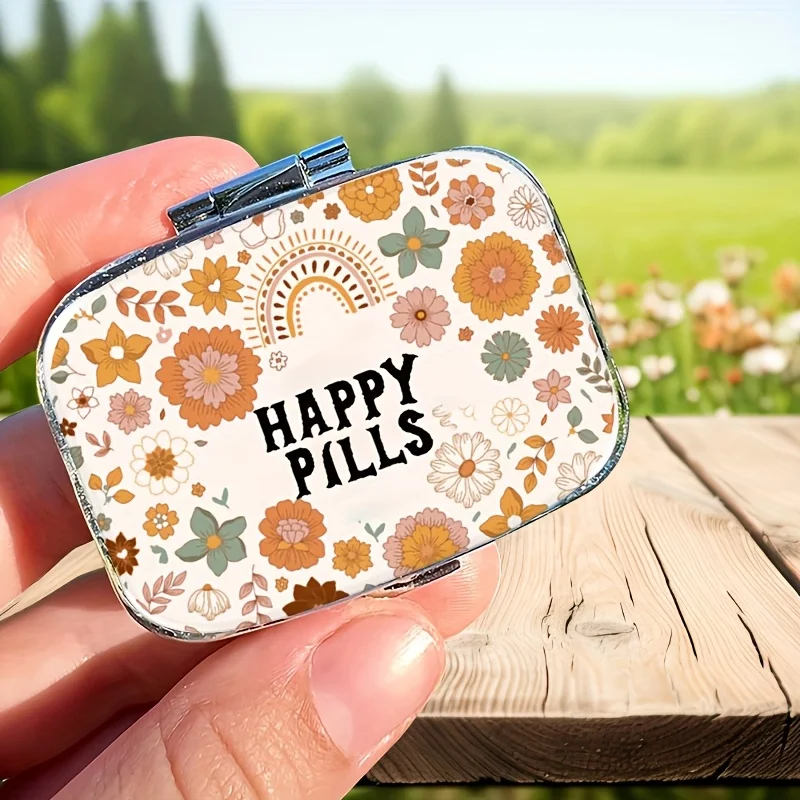 1 Groovy Boho 70s Flower Pattern Medicine Box - Happy Pills Design, 2-Layer Travel Medicine Organizer, Pockets & Wallet