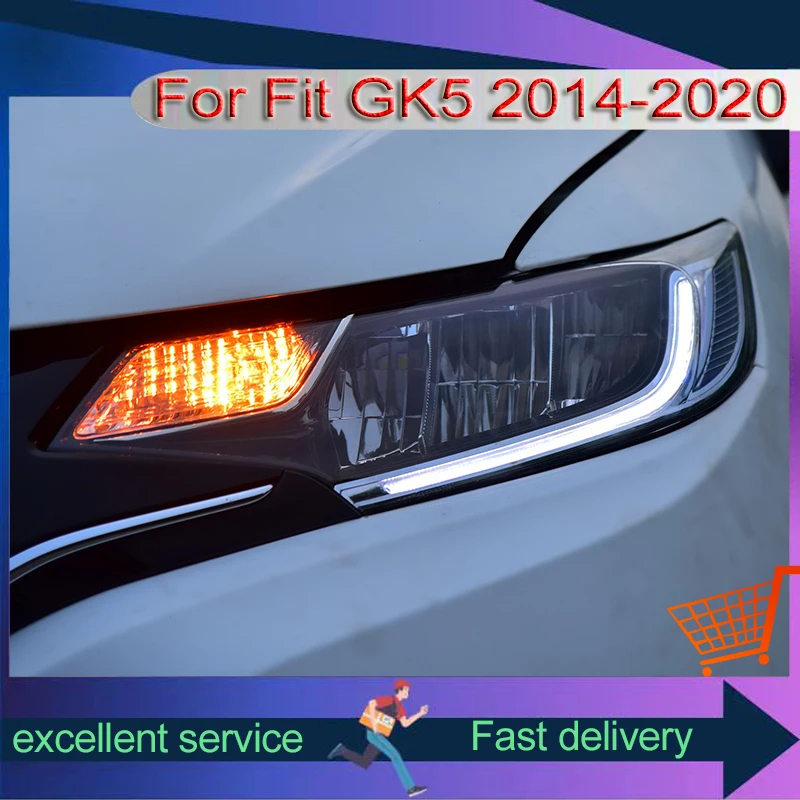 Front Lamp Modified For Honda Fit GK5 2014-2020 Japanese Version Headlight Car Asnsembly LED Daytime Running Turn Signal Light