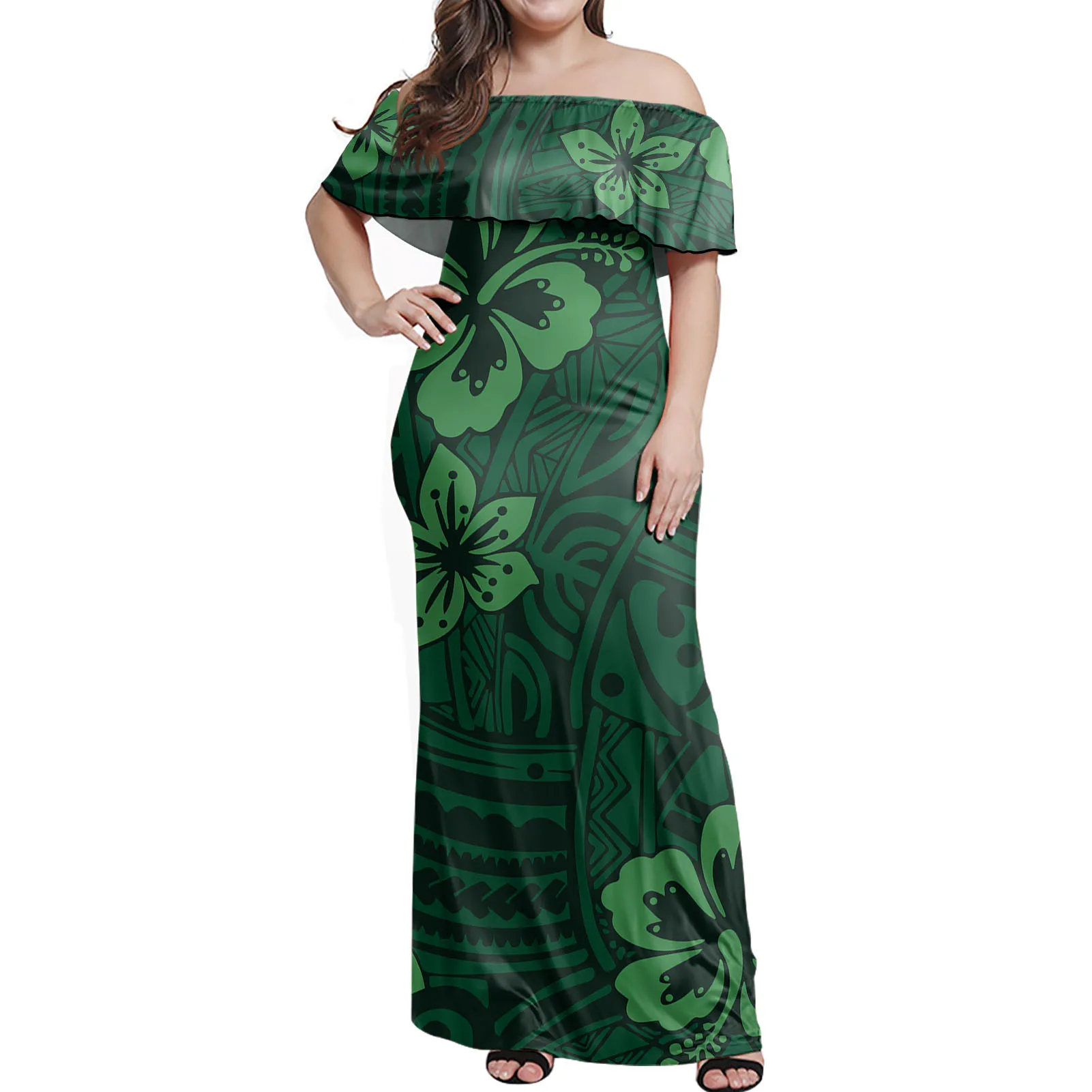 Big People Women's Dress Polynesian Tribal hibiscus flower Print Womens Party Samoan Clothing One Shoulder Ruffle Maxi Dresses