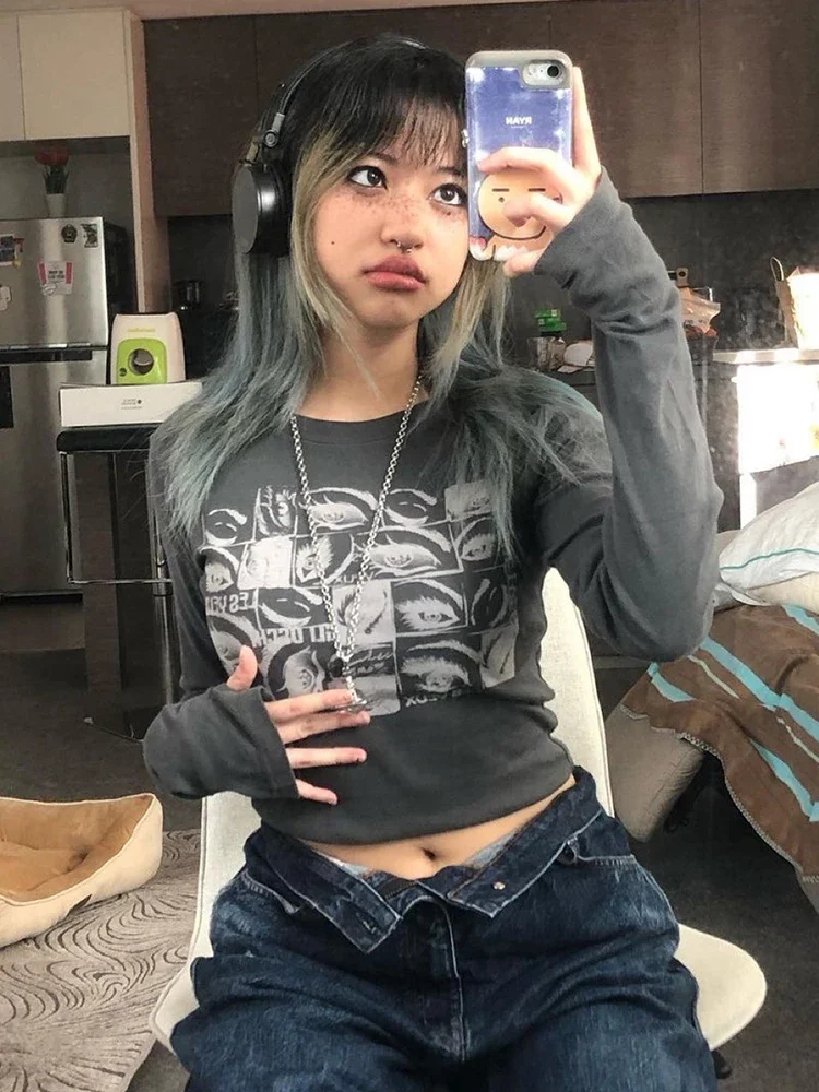 

Женские топы с принтом глаз в стиле ретро, весенние футболки с рисунком феи в стиле гранж, винтажная инди-эстетичная одежда, тонкий топ с длинными рукавами Cyber Y2k