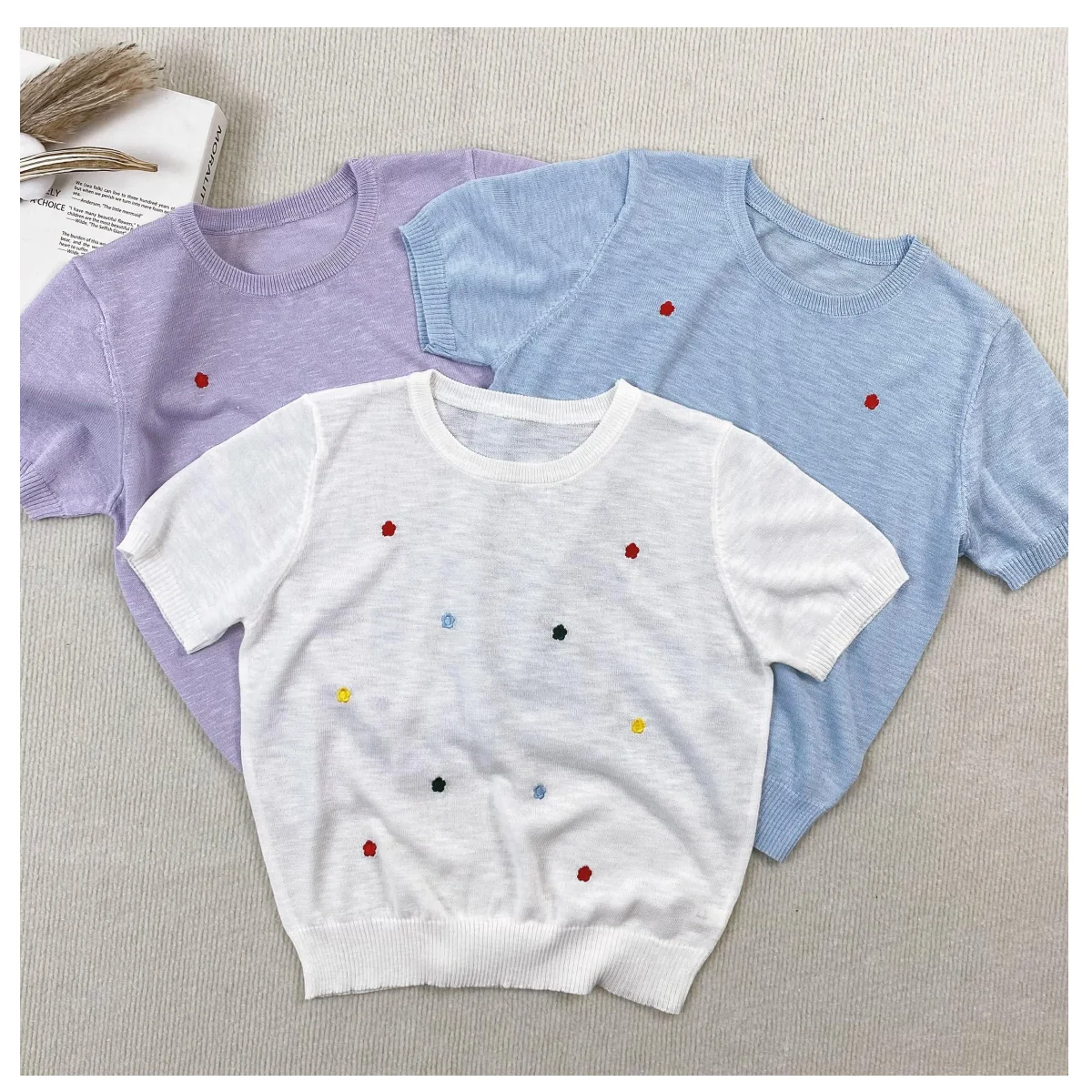 

Women's Summer Embroidered Short Sleeve Sweater New Slim Fit Lady Style Sweater Fashionable and Easiest for Match Commuting Top