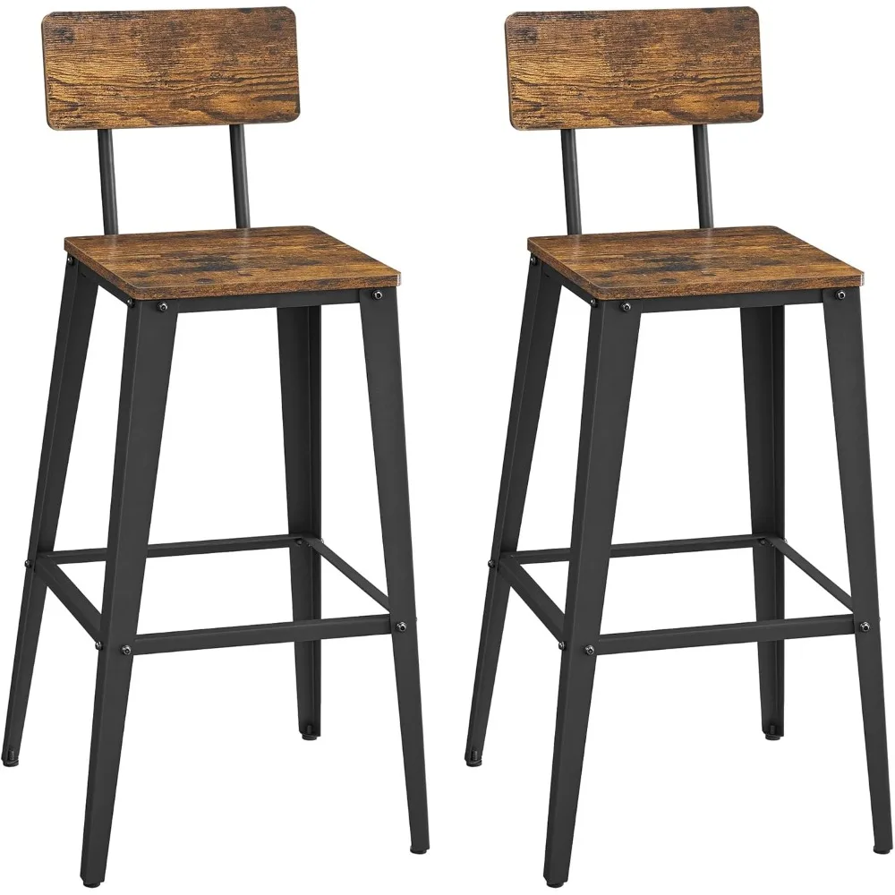 Set of 2 Bar Stools, Bars Height Stools, Tall Bar Stools with Back, Bars Chairs, Steel Frame, Industrial Style, Easy Assembly