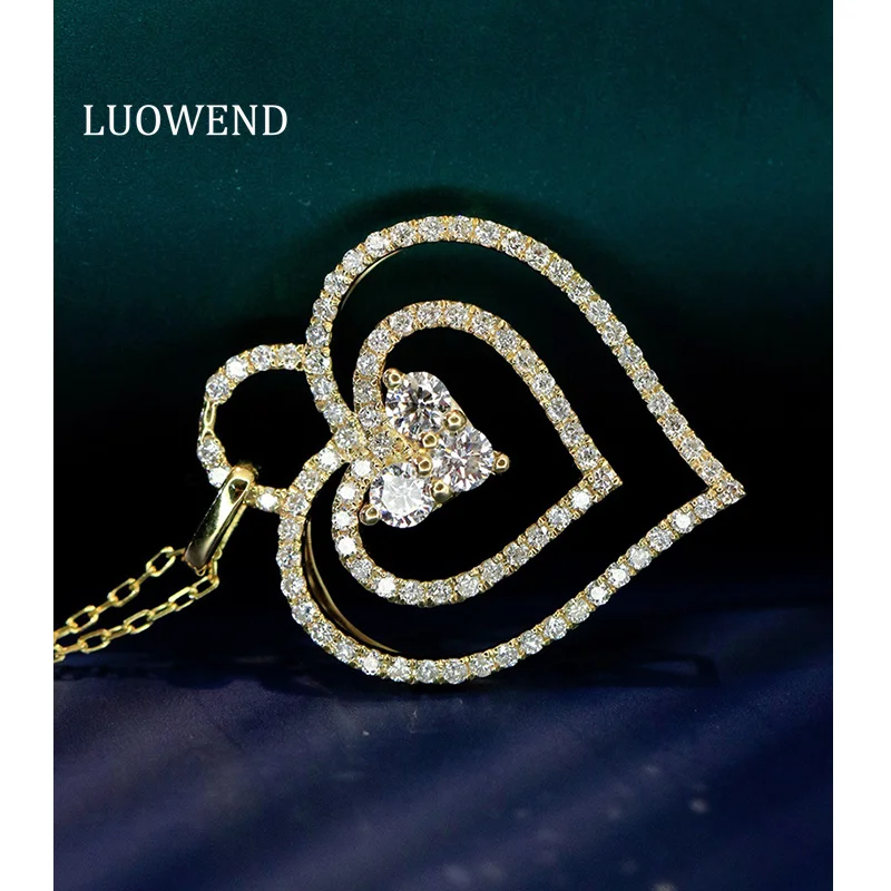LUOWEND 100% 18K White/Yellow Gold Necklace Women Luxury Heart Shape Real Natural Diamond Pendant Necklace High Party Jewelry