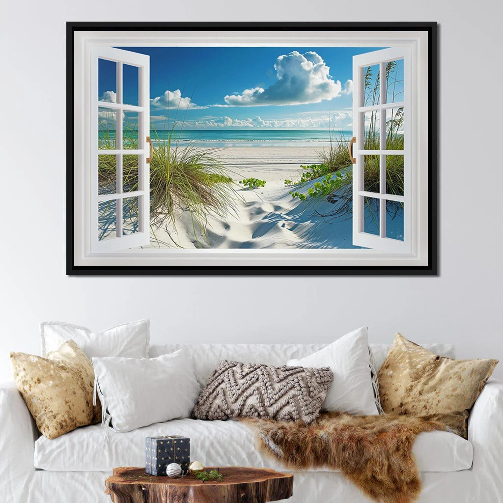 Window View Beach Sand Dunes And Grass Painting Canvas PRINT, Window Wall Art,  Home Living Room Decor, No Framed