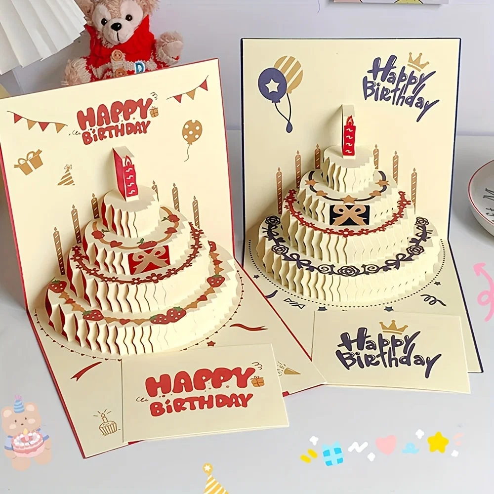 Carte de vœux d'anniversaire 3D, forme de gâteau et de bougie 3D, carte de vœux d'anniversaire colorée, cadeau pour fête d'anniversaire