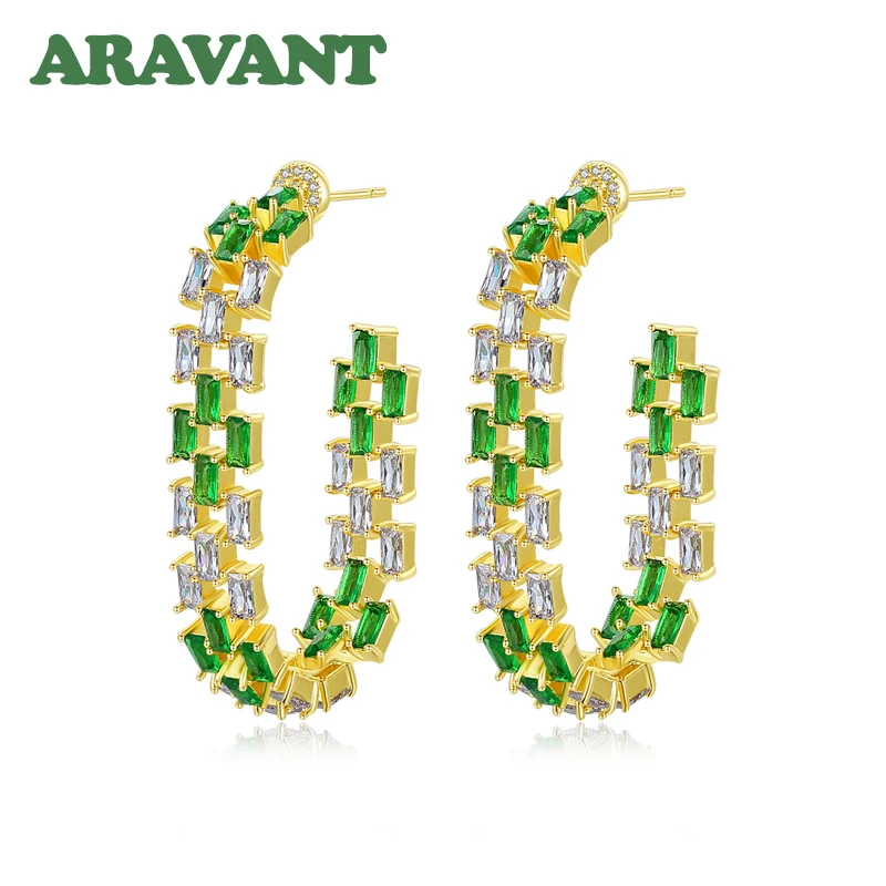 ARAVANT 925 Silver 18K Gold 45mm Green Zircon Hoop Earrings For Women Fashion Jewelry