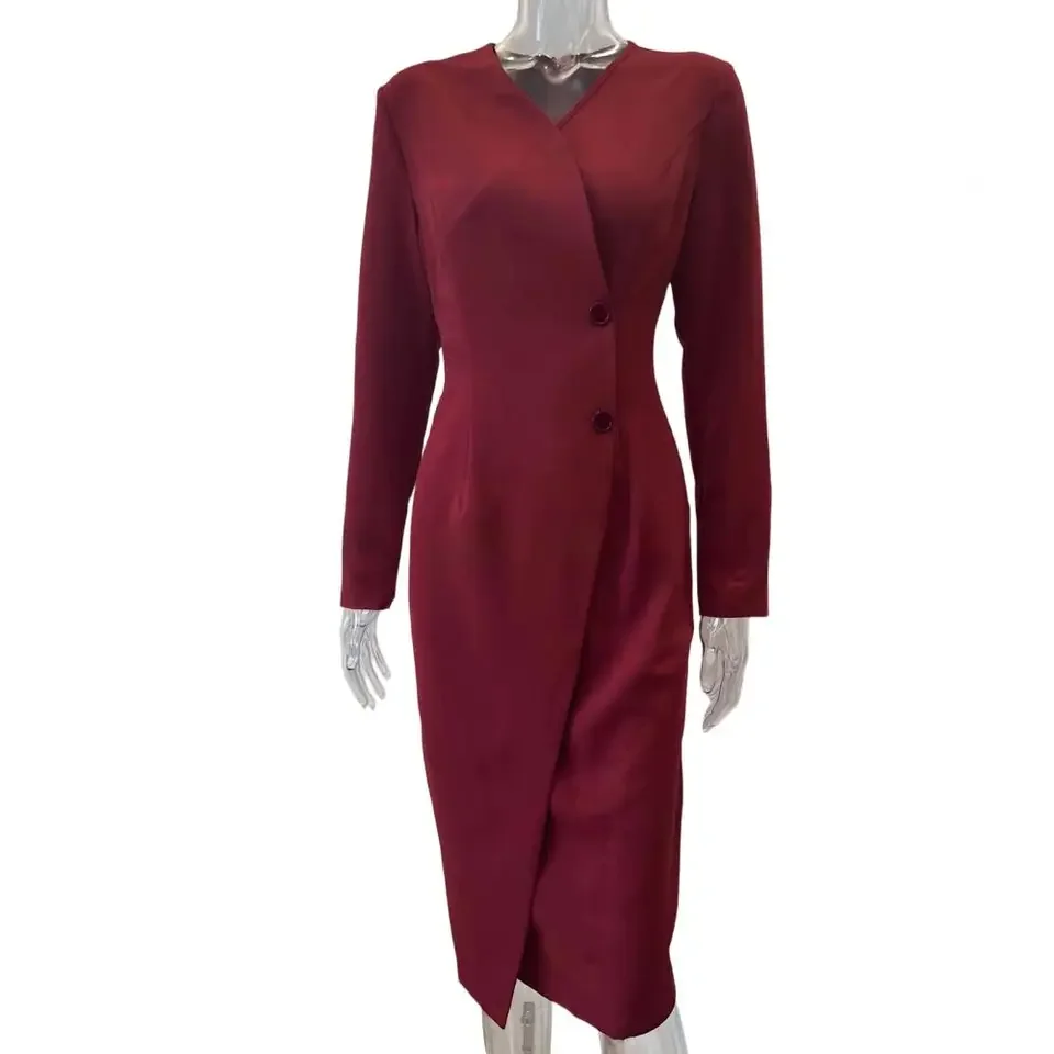 

Spring Autumn Holiday Long Sleeve Knee Length Dress Women Casual Buttons Patchwork Elegant Dress 2025 Solid V Neck Ladies Dress